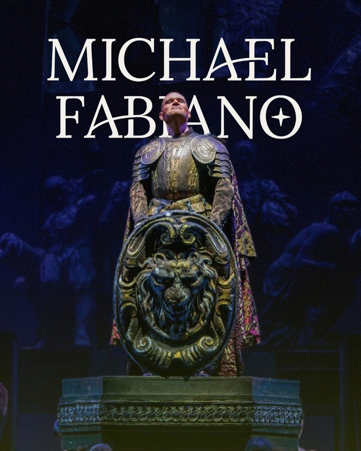 Michael Fabiano’s brand cover: the tenor in armor on an opera stage behind a lion shield, under his name in serif lettering.